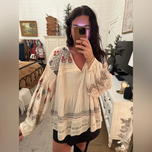 Anthropologie Women’s Ivory Boho Embroidered Blouse Top Size XL Like New! - Picture 9 of 10